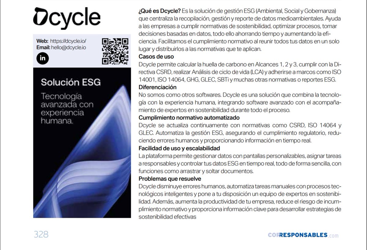 Corresponsables's tweet image. Dcycle - Ficha corporativa en el #20AnuarioCorresponsables

🌱 Plataforma tecnológica para la gestión integral #ESG

Dcycle es una solución digital que centraliza la #recopilación, #gestión y #reporte de #DatosMedioambientales, ayudando a las organizaciones a cumplir con la