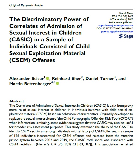 MarRettenberger's tweet photo. New paper out now about "The Discriminatory Power of Correlates of Admission of Sexual Interest in Children (CASIC) in a Sample of Individuals Convicted of Child Sexual Exploitation Material (CSEM) Offenses"

https://t.co/WCfO2pJfSj https://t.co/EqejWpTAMt