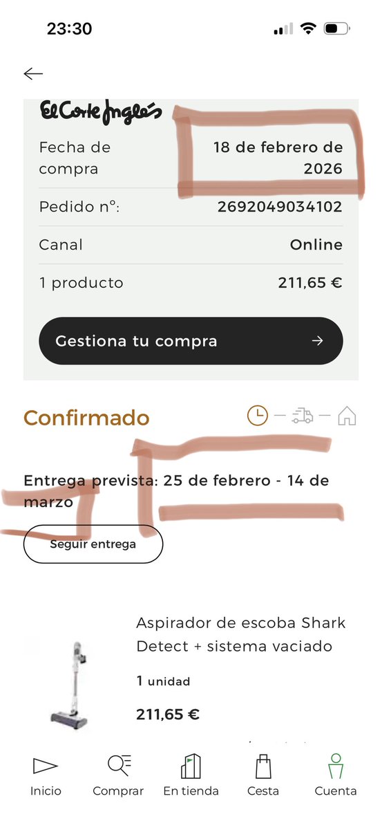 Ruidabet's tweet photo. "Vergonzoso @elcorteingles @ECConsumidor. Reclamación / Incidencia-22512029
 Incumplido plazo inicial 5 de marzo
Cambiáis fecha al 14/03 sin avisar.
Sigue sin estar ni 'en preparación'. 
¡Pero hoy lo vendéis más caro con entrega en 1 semana! ¿Jugáis con mi dinero? 🛑 #Estafa #UX" https://t.co/0s9kVxijq7