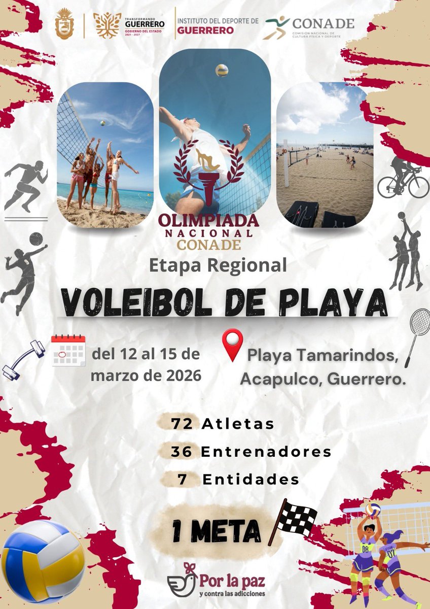 Gob_Guerrero's tweet photo. 🏐🌊 ¡EL VOLEIBOL DE PLAYA LLEGA A ACAPULCO: SEDE REGIONAL CONADE 2026! ☀️

¡Las canchas están listas y la arena espera a los mejores! Del 12 al 15 de marzo, el puerto de Acapulco se convierte en el epicentro del Voleibol de Playa con la Etapa Regional de la Olimpiada Nacional CONADE 2026. 🏆✨

Recibimos con orgullo a los atletas de las delegaciones de:
✅ IPN
✅ Querétaro
✅ CDMX
✅ INDET
✅ Estado de México
✅ Morelos
... ¡y a nuestra poderosa delegación de Guerrero! 🏹💪

La gobernadora Evelyn Salgado Pineda y el Director General del INDEG, Jesús Calderón Segura, dan la más cordial bienvenida a estas 7 entidades que vienen a darlo todo por su pase a la fase nacional. En Guerrero, estamos listos para demostrar que somos los mejores anfitriones y que el apoyo a nuestra juventud es el motor de la transformación. 🇲🇽

¡Ven y apoya a nuestros seleccionados en casa! Hagamos vibrar El Hogar de Sol. 🗣️🙌

 #TransformandoElDeporte #VoleibolDePlaya #CONADE2026 #SedeGuerrero  #INDEG