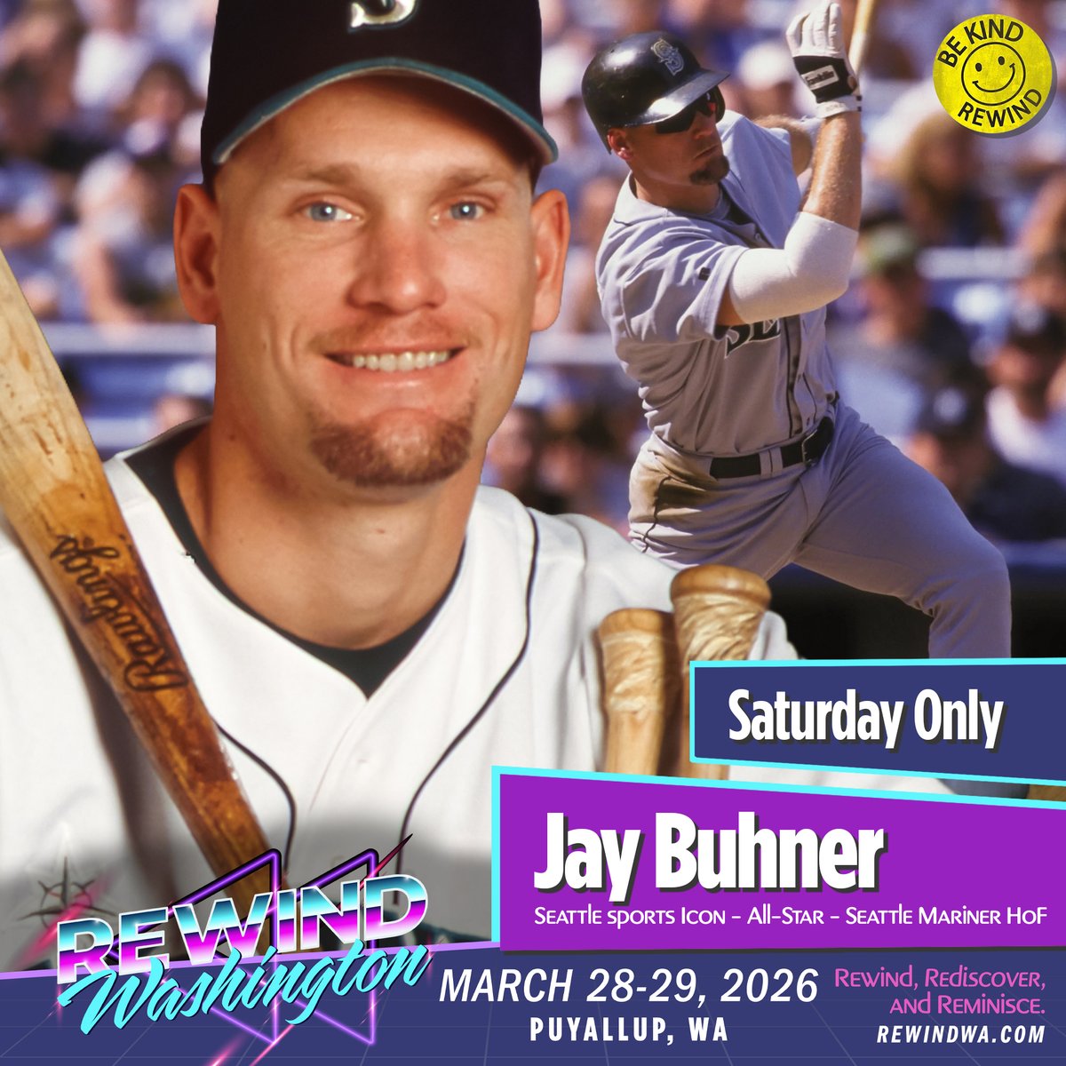 rewindwa's tweet photo. We could be bringing Bone from his Seinfeld fame or his iconic Seattle sports status.  Either way works for us.  Please welcome Seattle legend and fan-favorite Jay Buhner to the first ever Rewind Washington convention on March 28th.  Someone cue George Thorogood & The Destroyers...

Jay Buhner was drafted by the Pittsburgh Pirates in the second round in 1984 and made his MLB debut with the New York Yankees in 1987. But it was after his trade to the Mariners in 1988 (made extra famous on an episode in Season 7 of Seinfeld) that 'Bone' truly became a legend. "What the hell did you trade Jay Buhner for?"

Over 14 seasons in Seattle, he amassed 310 career home runs, drove in 965 RBIs, batted .254 with a .853 OPS, and earned three All-Star nods (1996, 1997, 2001), a Gold Glove in 1996, and Silver Slugger honors in 1995 and 1996.

Jay was the heart and soul of the Mariners' turnaround in the mid-1990s, slugging 124 homers from 1995-1997 and helping lead the team to its first playoff appearance in 1995. Known for his intimidating presence, bald head, powerful swing, relentless hustle, and fiery leadership in the clubhouse, he became a fan favorite and was inducted into the Mariners Hall of Fame in 2004.

Pro Photos, Duo photos with Edgar Martinez, and Autographs will go on sale Thursday March 12th at 5pm.

Meet Jay Buhner on Saturday afternoon at Rewind Washington. He will be with us for a limited time signing autographs and taking pro photos at the show before he heads up to the Mariners game that evening. Tickets for Rewind Washington are on sale now at https://t.co/R7r2jshvgT