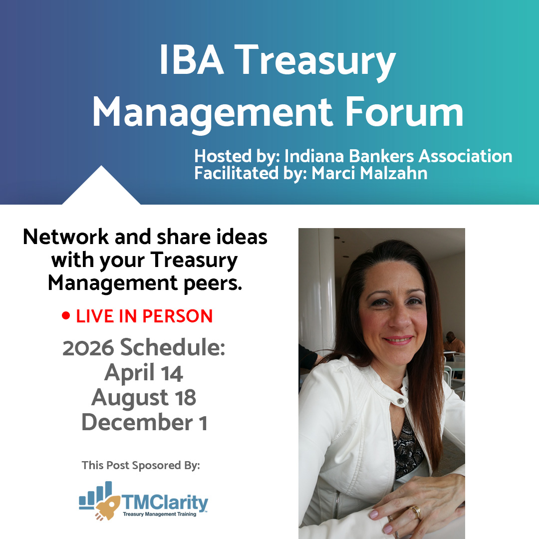 tmcframework's tweet photo. Treasury Management Leaders!

@indianabankers  is once again hosting its Treasury Management Forum - a high-impact event for professionals who sell, support, or manage TM services.

Facilitated by @MarciMalzahn , this forum is a unique opportunity to:
- Learn from peers in similar markets and bank sizes
- Tackle pricing, structure, and risk strategies head-on
- Explore ways to transition TM services from cost centers to revenue drivers
- Strengthen your team’s approach to sales, operations, and customer service

Seats are limited to keep discussions meaningful. Don’t miss your chance to grow your TM team’s impact.

Meets three times per year: 2026 events are April 14, August 18, and December 1.
 
Details & registration here: https://t.co/yFed8zy8gT