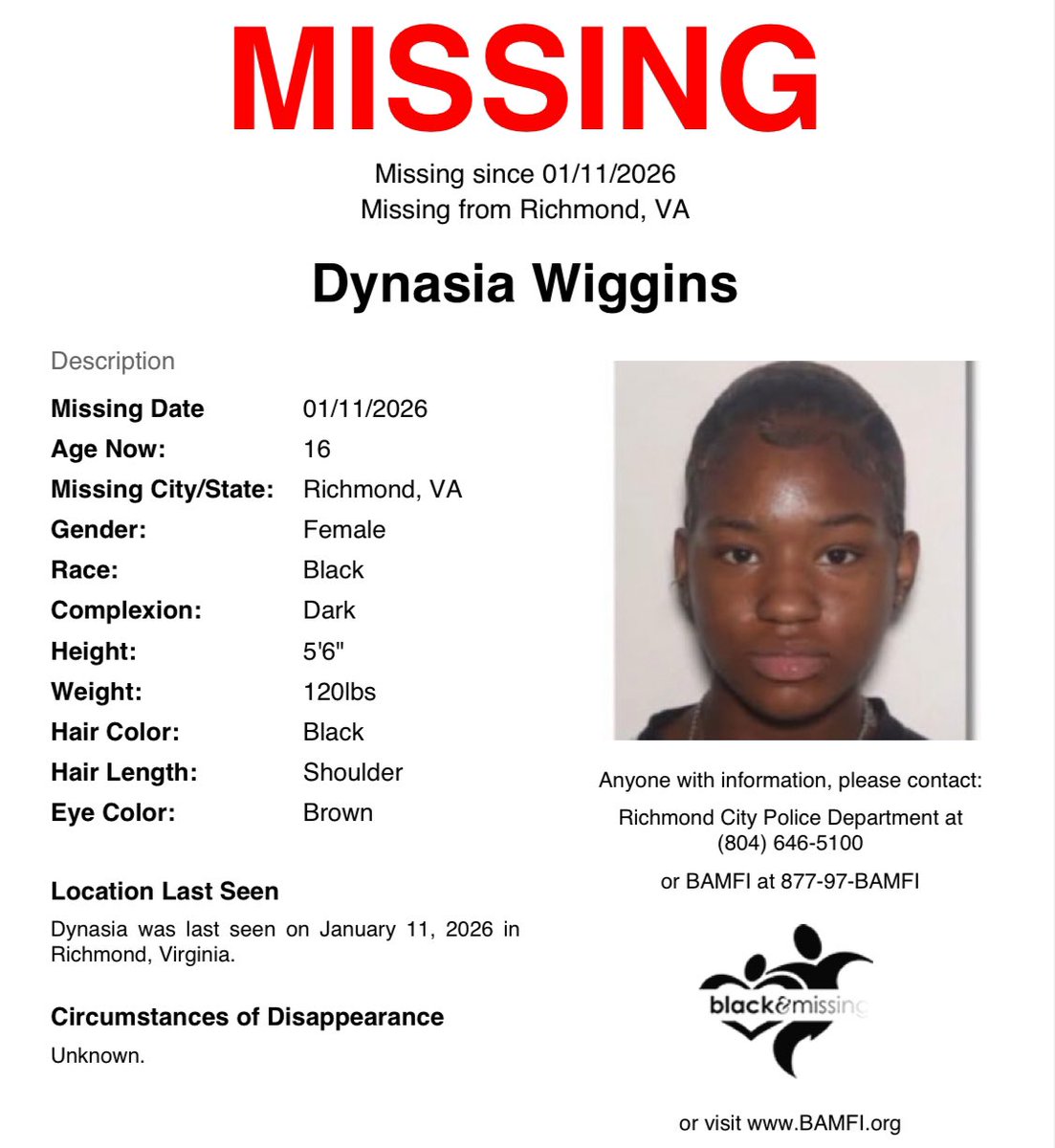 BAM_FI's tweet image. #Richmond, #VA: 16y/o Dynasia was last seen on January 11 wearing a black fur coat, blue jeans, and blue/white Jordans.

Have you seen her?

Please SHARE to #HelpUsFindDynasiaWiggins #DynasiaWiggins #HelpUsFindUs