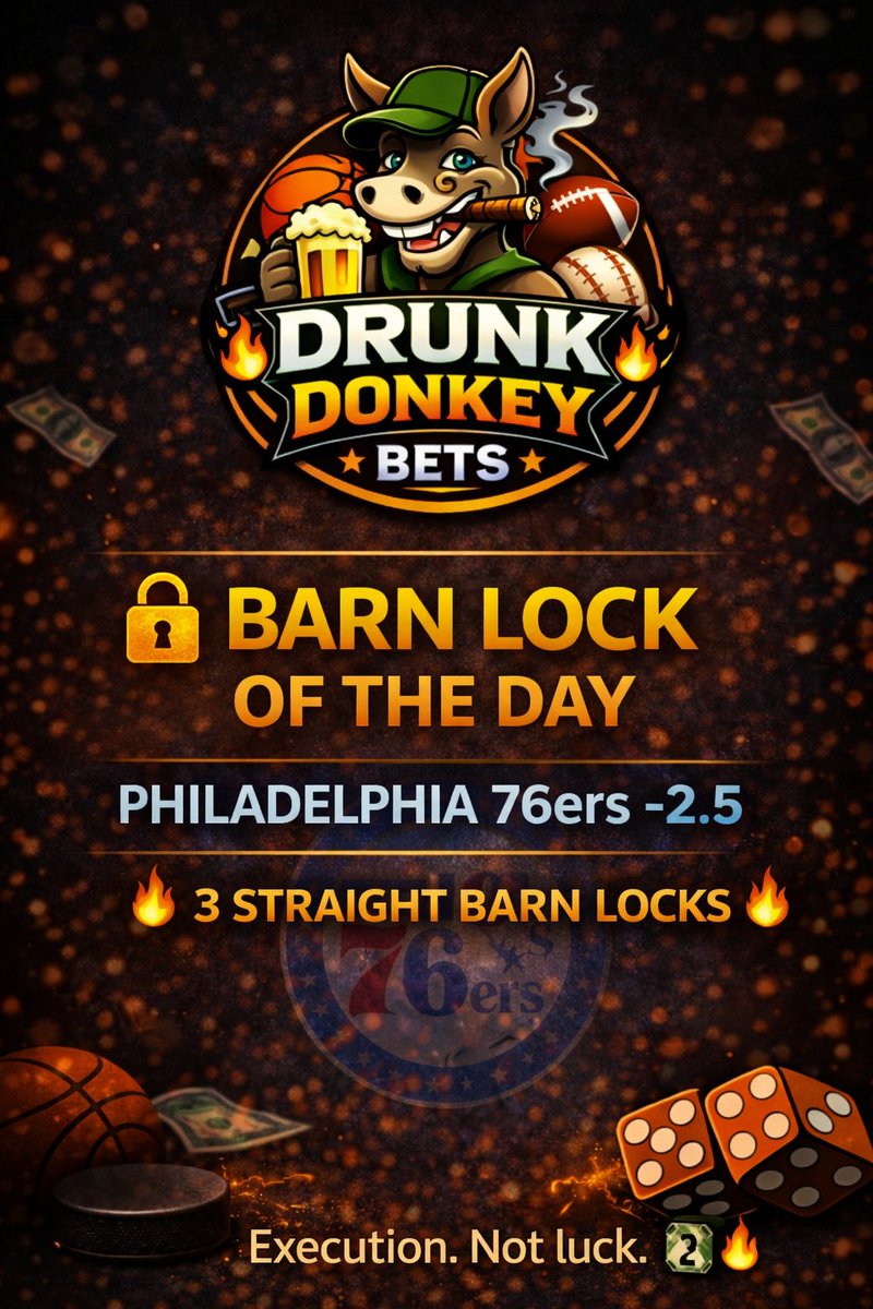 DrunkDonkeyBets's tweet photo. ๐ BARN LOCK OF THE DAY ๐
Philadelphia 76ers -2.5
Weโre riding with Philly tonight.
Trust the processโฆ and trust the donkey. ๐ซ๐ฅ
Letโs cash it. Going for 4 in a row
#DrunkDonkeyBets #BarnLock #SportsBetting #GamblingTwitter #NBA https://t.co/7z4qFbFWYH