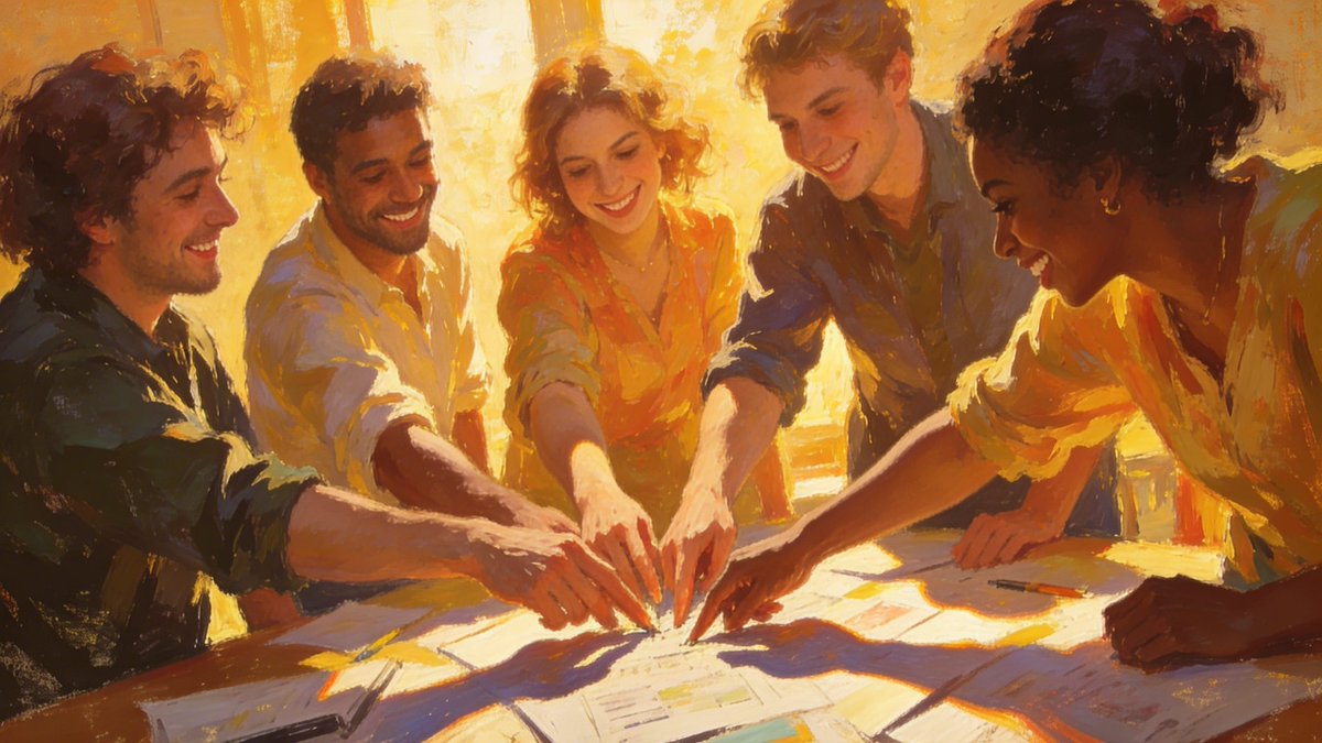 p_chusaengsri's tweet image. A group of five people collaboratively discuss papers on a table, reaching out with their hands, illuminated by warm sunlight.
#CollaborativeDiscussion #SunlitMoments #GroupStudy #AcademicEngagement #PaperDiscussion
