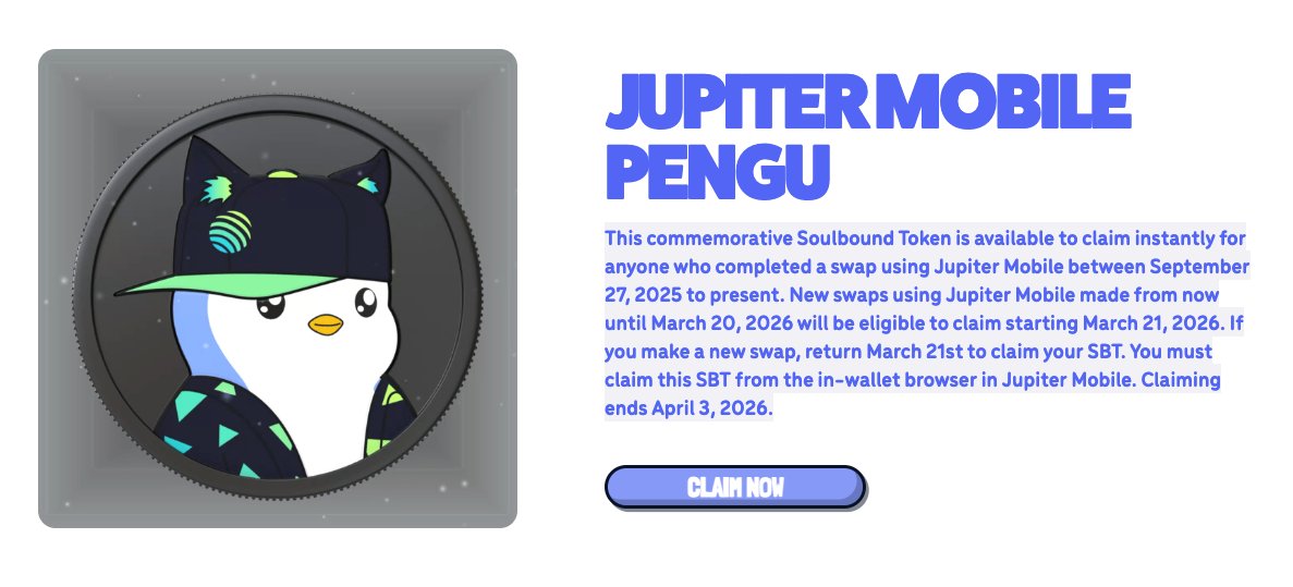 💙 Jupiter Mobile $PENGU SBT をクレーム完了！ 🐧

👣 手順はとても簡単：

➖ sbts.pudgypenguilns.com/pudgypenguins

➖ SOL ウォレット接続 👛
➖ EVM ウォレット接続 🔗
➖ SBT ミント ✅

📱 Jupiter Mobile アプリからクレーム可能！

まだ対象じゃない場合は
👉 Jup Mobile App でスワップすればOK 👀