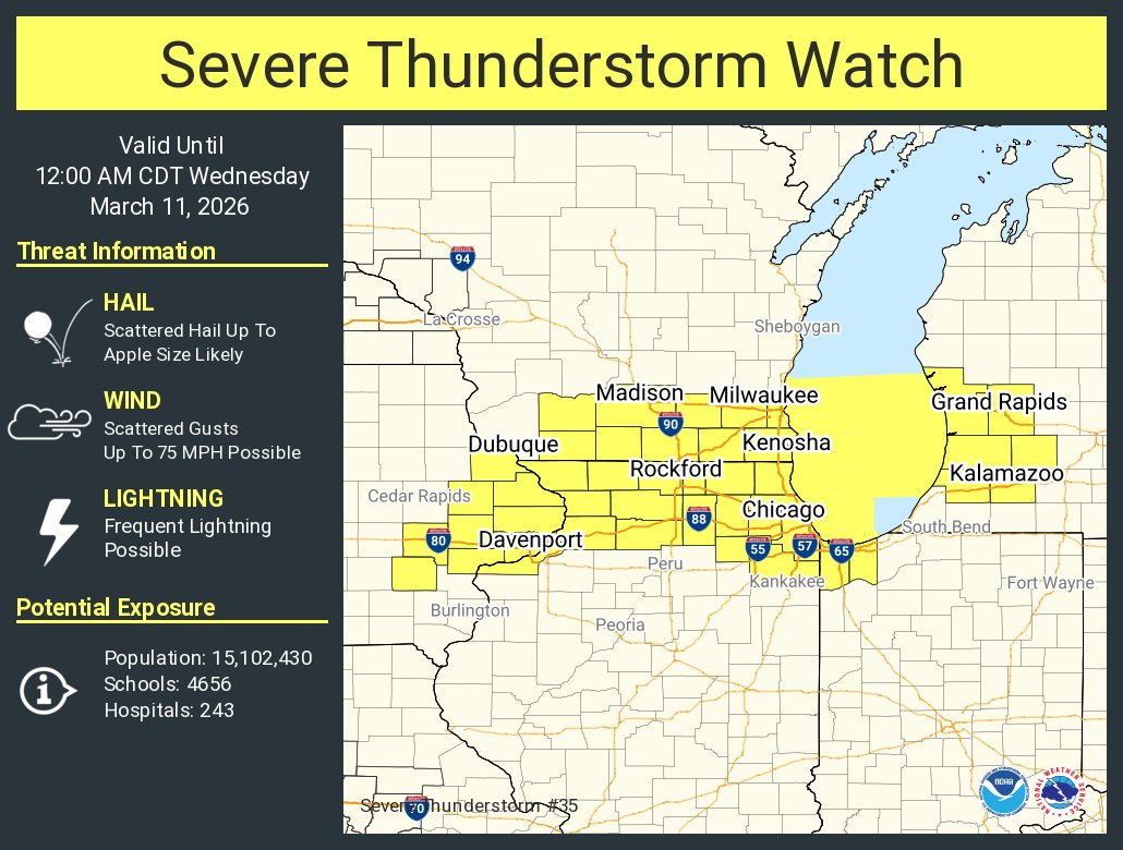 NWSGrandRapids's tweet photo. A severe thunderstorm watch has been issued for parts of Illinois, Indiana, Iowa, Michigan and Wisconsin until 12 AM CDT https://t.co/oe9VIFdYmK