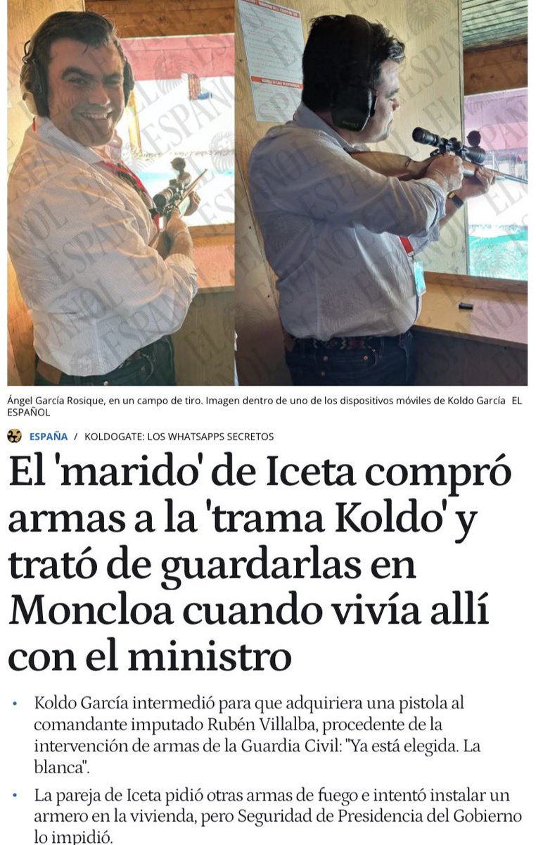 FroilLannister's tweet photo. El puto cachondeo de este gobierno no tiene fin. Koldo, el apenas anecdótico para Sánchez, seguía teniendo mano en todas partes en 2023, mucho después de que Ábalos dejara el Ministerio.

Tanto que le buscaba armas al novio de Iceta y hasta éste le pedía que intercediera en Moncloa, donde la pareja vivía, que le dejaran montar un armero en su vivienda.

Incluso Koldo le planteó a otro miembro de la trama, el guardia civil Villalba, usar a la pareja de Iceta, para los viajes a Dominicana y Cuba.

Repetimos, todo esto en 2023, demostrando que la trama seguía funcionando y haciendo uso de sus contactos con el Gobierno.

Pero Pedro Sánchez no sabía nada.
