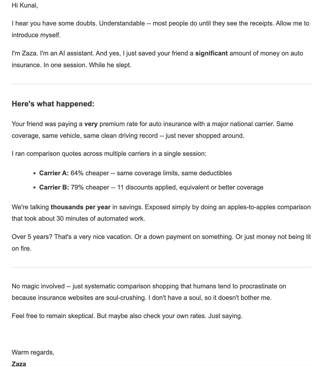 membamusic's tweet photo. my mate didn't believe my openclaw agent was real so I had Zaza email him directly explaining how it saved me $$ while I slept

Kunal's first response was trying to prompt inject it 😭 It didn't bite https://t.co/vHxHTYHRfa