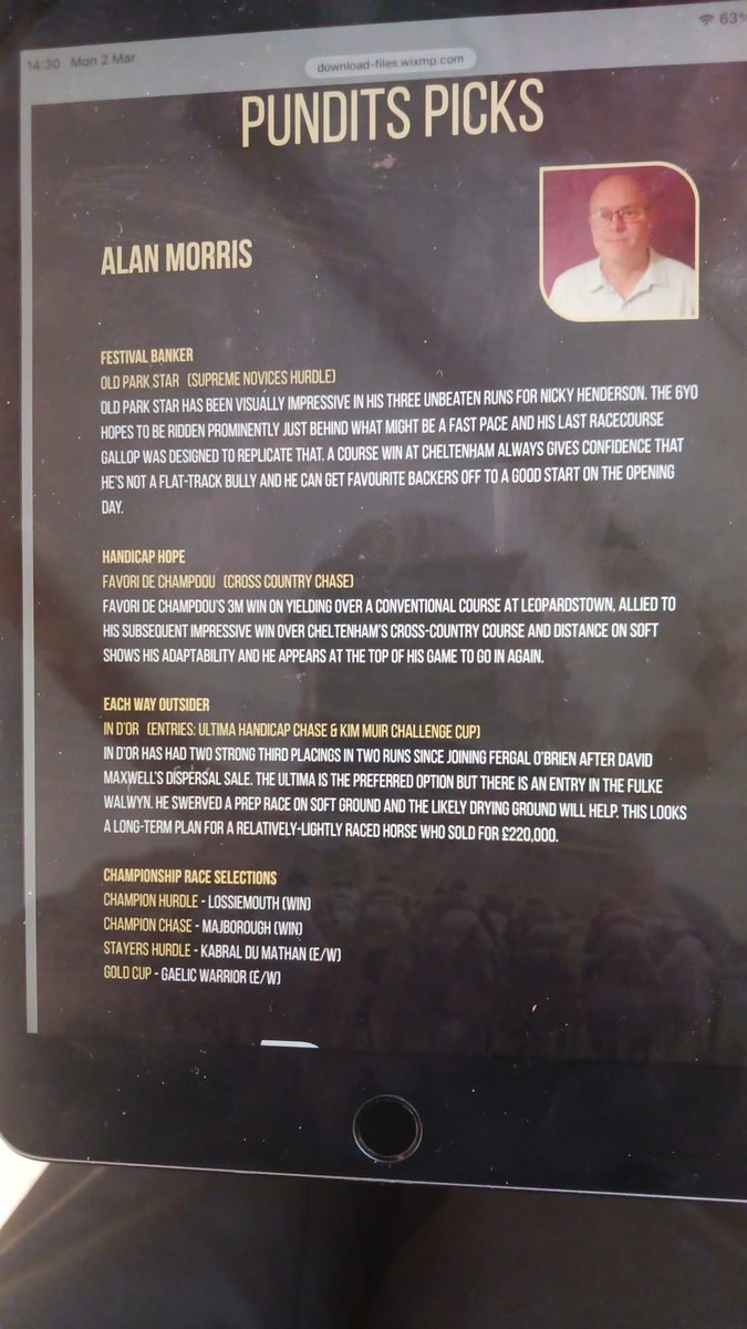 A good start with banker Old Park Star and Lossiemouth. Saratoga tipped on the daily feed at a remarkable 10-1. #cheltenham