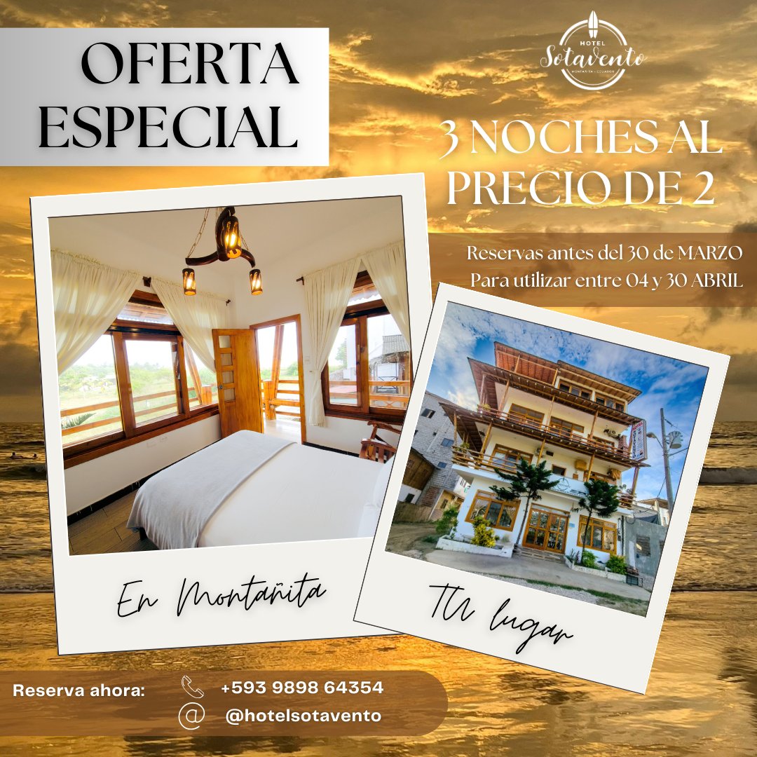 sotavento_hotel's tweet photo. ‼️𝔸𝕋𝔼ℕℂ𝕀Óℕ‼️No se pierdan esta 𝗢𝗙𝗘𝗥𝗧𝗔 𝗘𝗦𝗣𝗘𝗖𝗜𝗔𝗟 que tenemos para ofrecerles🌀
#ecuador #playa #beach #hotel #surf #surfing #promociones #especial #guayaquil #cuenca #quito #enjoy #disfrutar #disfrute #vive #vida #beaches #ocean #pacific #marzo #abril https://t.co/iHY1LYDXaK