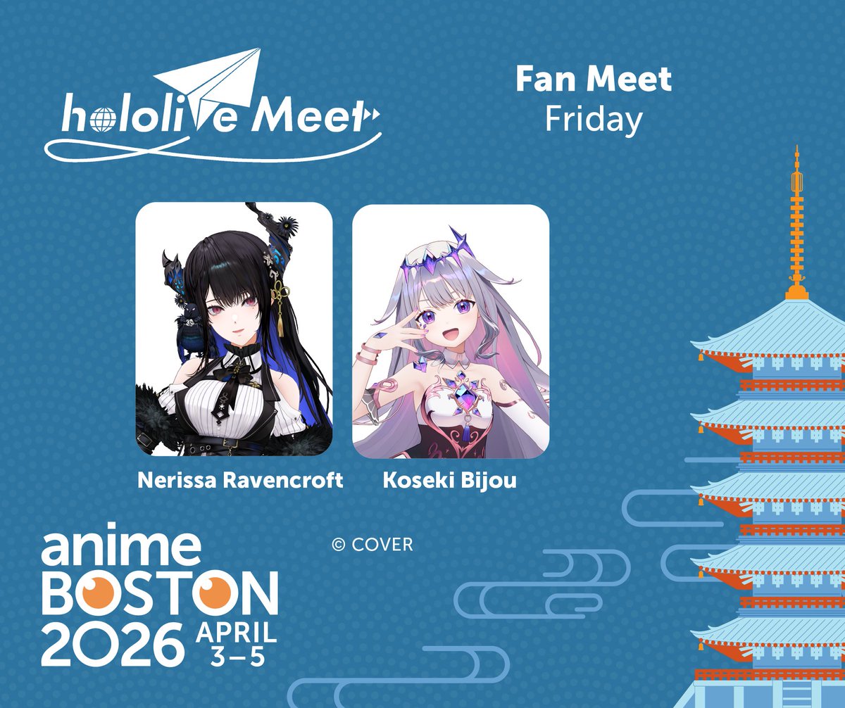 On Fri, April 3, come spend an afternoon with the Demon of Sound, Nerissa Ravencroft, &amp; the cute rock, Koseki Bijou from hololive English -Advent-! 

We'll also be hosting Meet &amp; Greet sessions after the panel!
Sign up here >>
bit.ly/AB26_Hololive_…

#hololivemeet #hololive