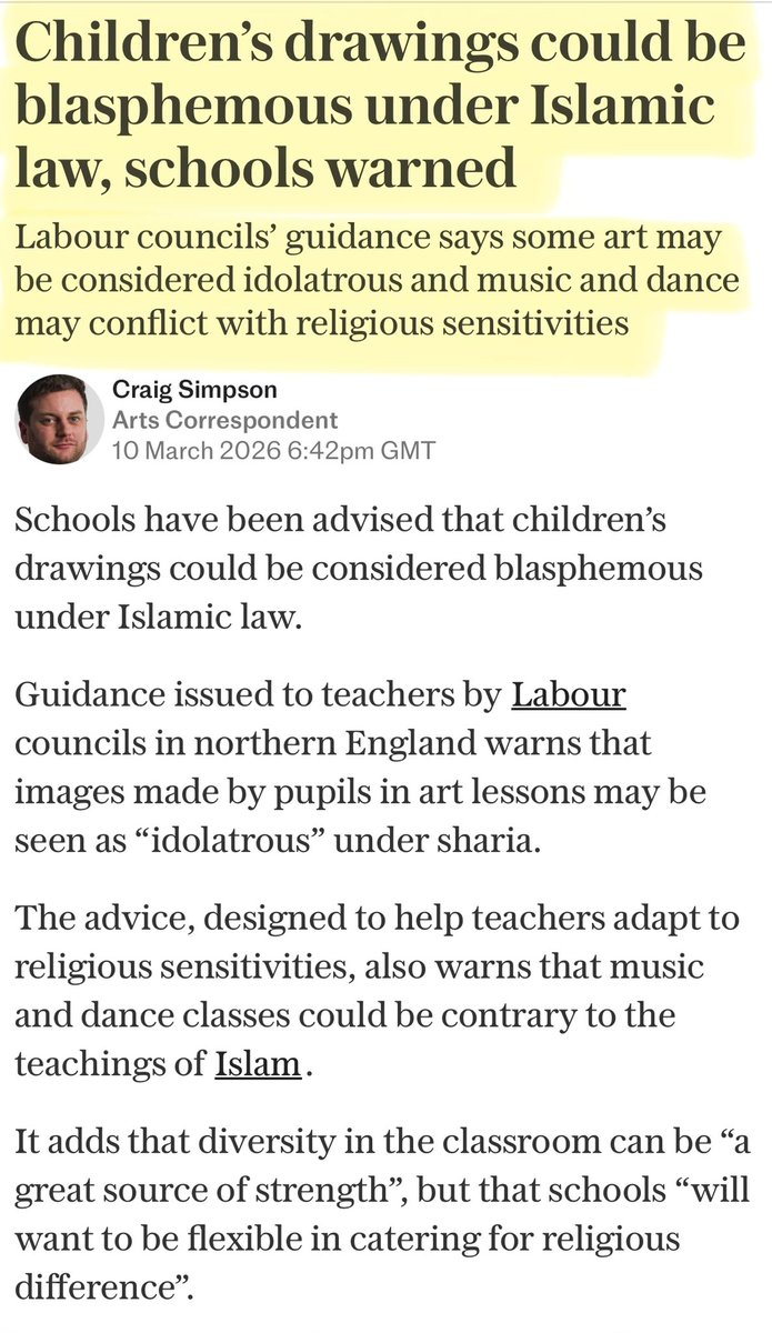 I post this without comment.

“Schools have been advised that children’s drawings could be considered blasphemous under Islamic law.
Guidance issued to teachers by Labourcouncils in northern England warns that images made by pupils in art lessons may be seen as “idolatrous” under