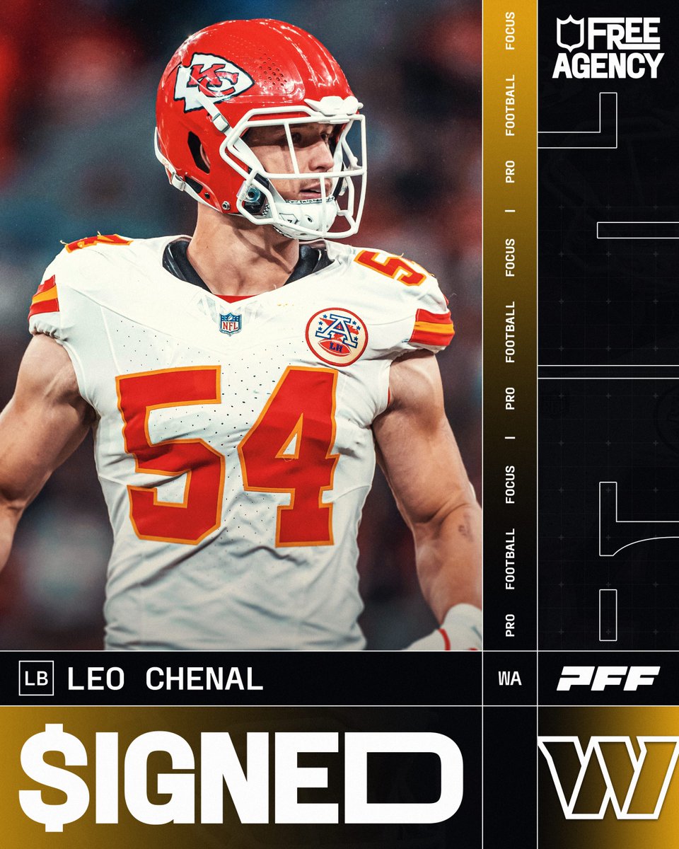 PFF's tweet photo. The Commanders are signing LB Leo Chenal to a 3-year, $24.75M contract, per @Schultz_Report 

💥 career 86.3 PFF grade (5th among LBs since 2022) https://t.co/C8s4q4lXbK