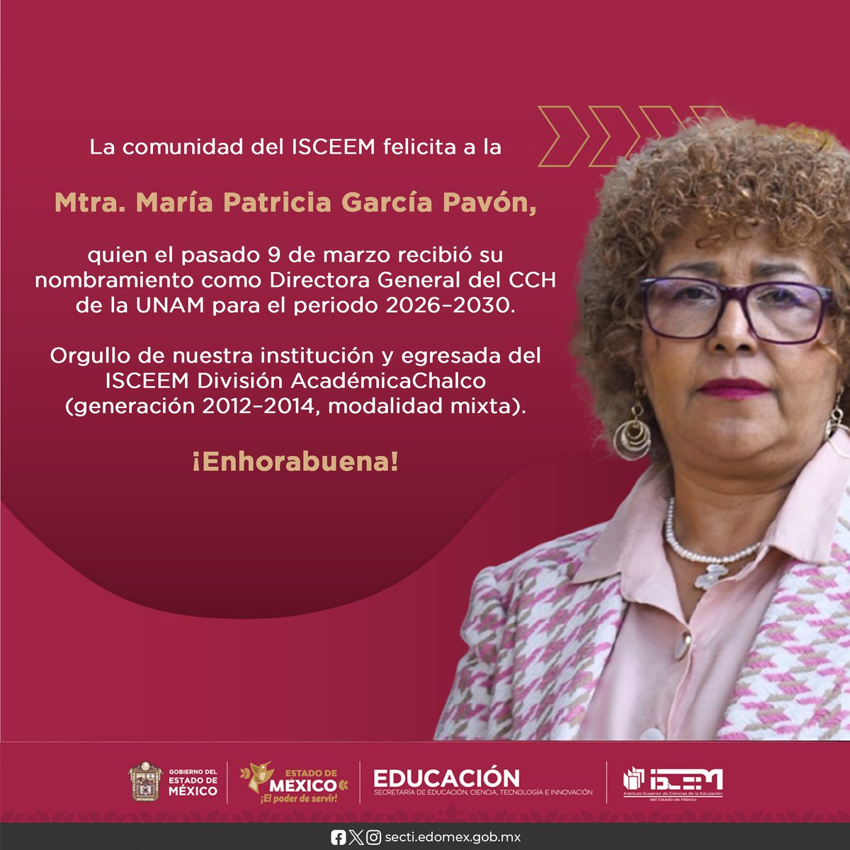 isceem_oficial's tweet photo. La comunidad del ISCEEM felicita a la Mtra. María Patricia García Pavón, quien el pasado 9 de marzo recibió su nombramiento como Directora General del CCH de la UNAM para el periodo 2026–2030.
Egresada de ISCEEM-Chalco (generación 2012–2014, modalidad mixta). ¡Enhorabuena! 👏🎓 https://t.co/mNcu7tUAAo