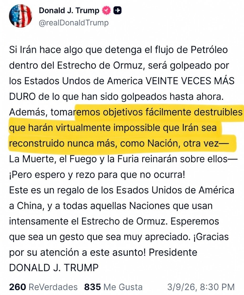 Trump: «Le daremos a Irán veinte veces más duro para que no pueda reconstruirse jamás como nación. La MUERTE, el FUEGO y la FURIA reinarán sobre ellos».

Ni siquiera Hitler sonaba tan perturbador en sus discursos. EEUU es la mayor amenaza para el mundo desde los nazis.