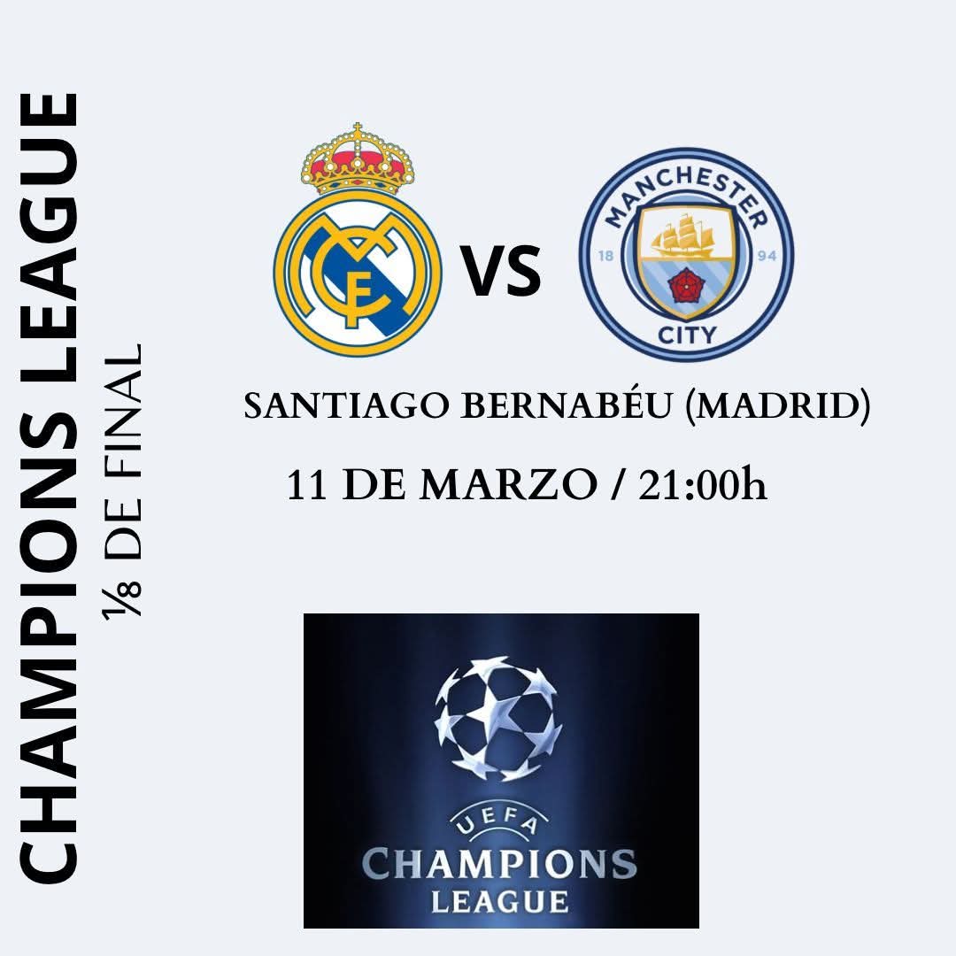 Mañana se disputa el partido entre el Real Madrid y Manchester City por los octavos de final de la Champions League 🏆🏆🏆🏆🏆
VAMOS REAL HASTA EL FINAL.
HALA MADRID SIEMPRE!!!!!!