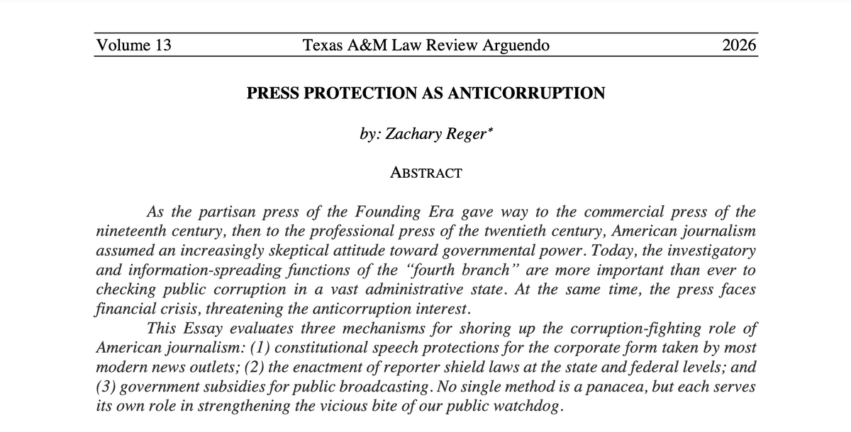ZacharyReger's tweet photo. I'm happy to share that my latest essay, analyzing the corruption-fighting role of the American press, was just published in the Texas A&amp;M Law Review Arguendo!

https://t.co/HGJoippWqf https://t.co/rIK3z2FlTN