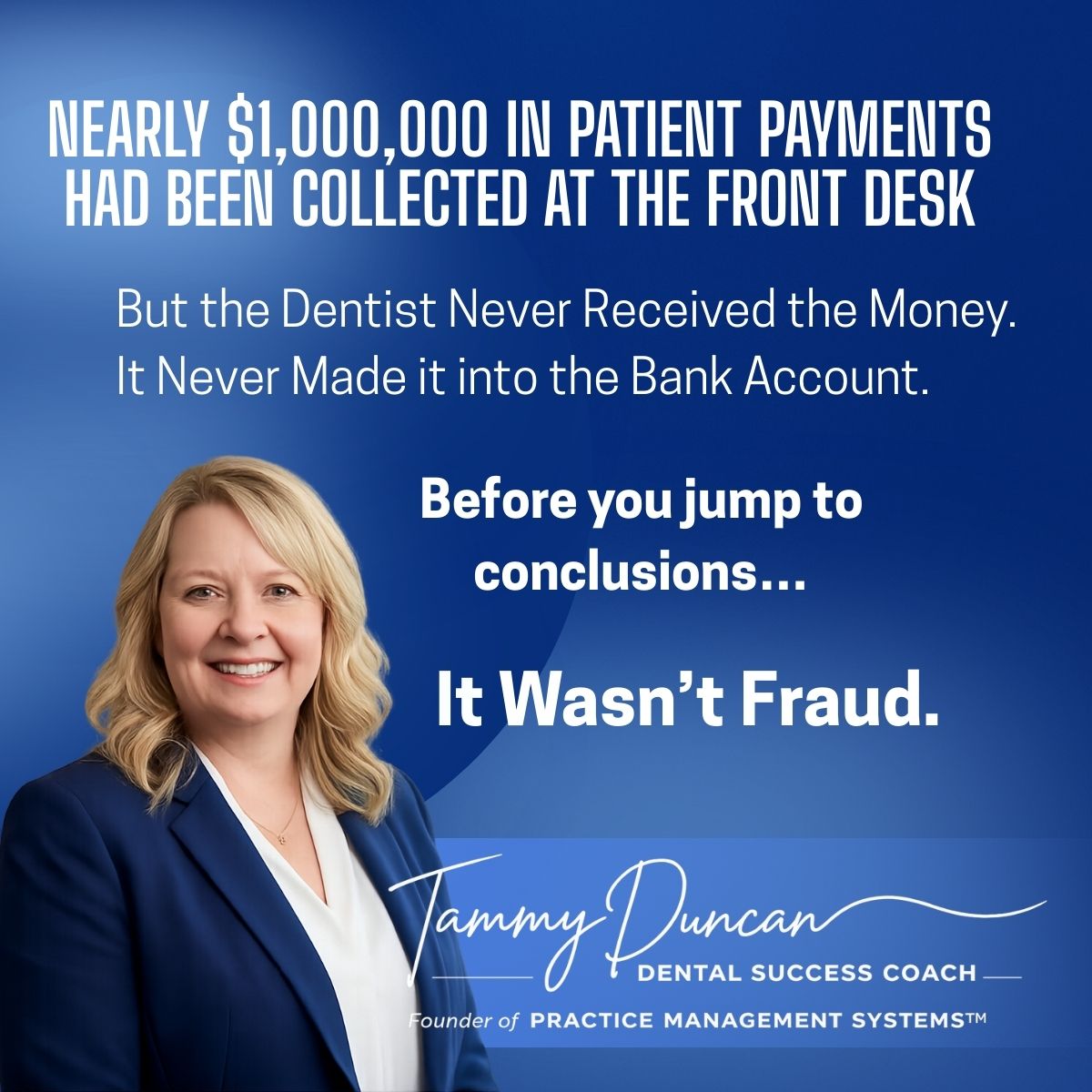 practicesys's tweet photo. Nearly $1,000,000 in patient payments had been collected at the front desk.

But the Dentist Never Received the Money.  It Never Made it into the Bank Account.

Before you jump to conclusions…
It wasn’t fraud.

It was a massive breakdown in systems and accountability.

The most alarming part?
Neither the dentist nor the team had any awareness it was happening.

We uncovered it within the first two days of our front office systems evaluation.

Situations like this are rarely about bad people.
They’re about missing financial controls, unclear processes, and blind spots in the front office.

And in dentistry, those blind spots can cost practices hundreds of thousands — even millions — of dollars over time.

Every dental practice should be able to confidently answer three questions:
• Do we know exactly what was collected today?
• Do we know exactly what was deposited?
• And do those numbers match?

If the answer isn’t a clear yes, there’s a system gap somewhere.

Question for practice owners:
How confident are you that every dollar collected at your front desk actually makes it to your bank account?

We found this within 48 hours of reviewing their systems.

If you’d like us to take a quick look at your front desk processes, I’m offering a few complimentary evaluations for practice owners.

Comment “REVIEW” and I’ll message you.