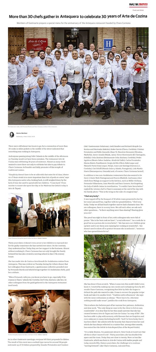 ArtedeCozina's tweet photo. El @DiarioSUR in English el pasado fin de semana.
Gracias @noidesur 

#Aniversario #Antequera #Málaga #Andalucía #Cozinatradicional #Productolocal #Spanishcuisine #アンテケラ #マラガ #アンダルシア #スペイン #スペイン料理 #スペインレストラン https://t.co/BXUMoYTc9D