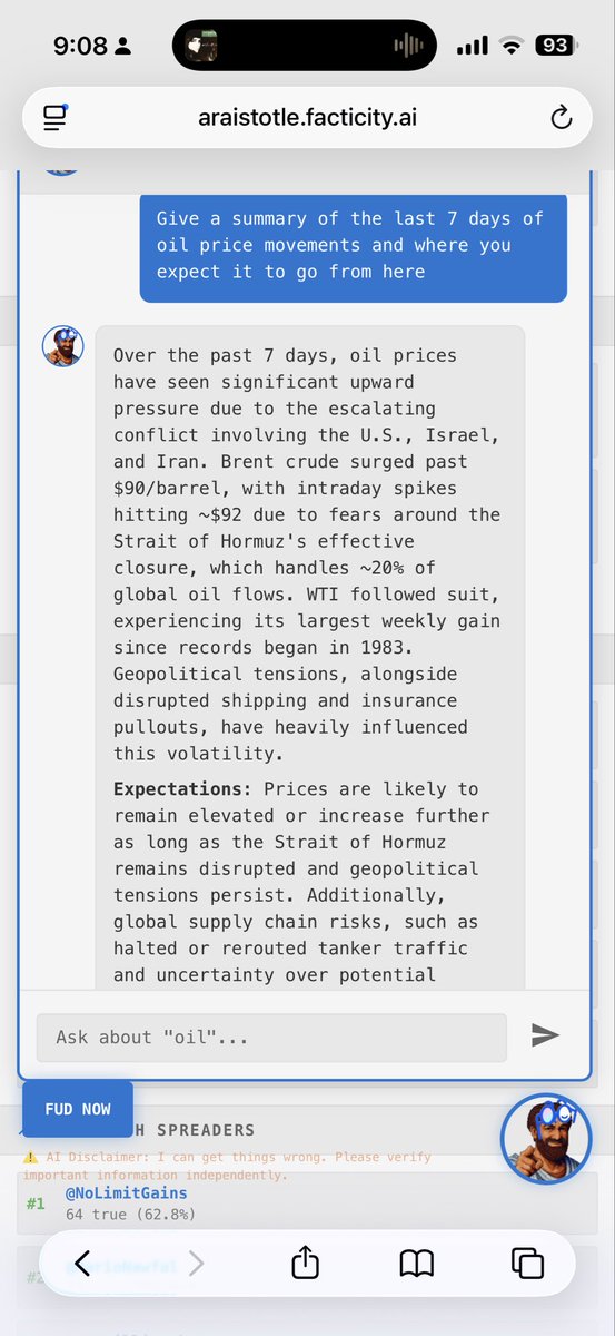 ye_dennis's tweet photo. The ArAIstotle truth terminal can now give you predictions about the future price of oil, grounded in actors’ intentions and analysis.

It can also provide historical timeline data that could help users trying to make educated guesses and bets. More customizations in the works to help create a new prediction market so that users will know that they are facing true yes / no binaries before placing their bets.

Have you tried our truth terminal yet? Link to it below ⤵️