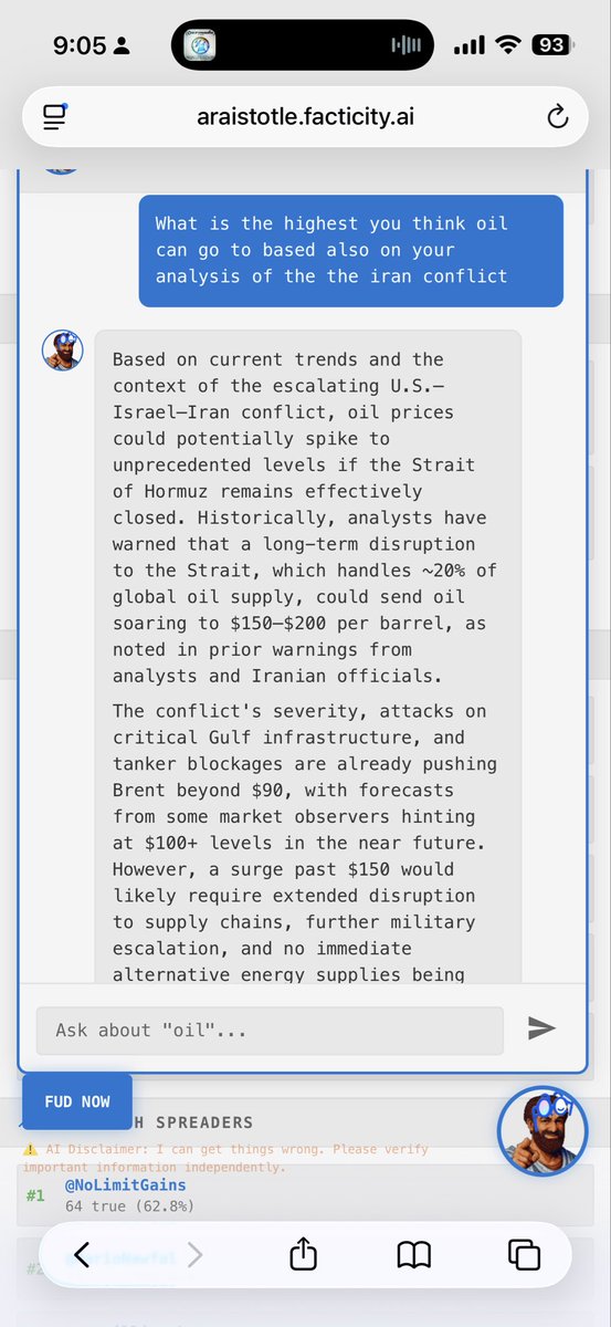 ye_dennis's tweet photo. The ArAIstotle truth terminal can now give you predictions about the future price of oil, grounded in actors’ intentions and analysis.

It can also provide historical timeline data that could help users trying to make educated guesses and bets. More customizations in the works to help create a new prediction market so that users will know that they are facing true yes / no binaries before placing their bets.

Have you tried our truth terminal yet? Link to it below ⤵️