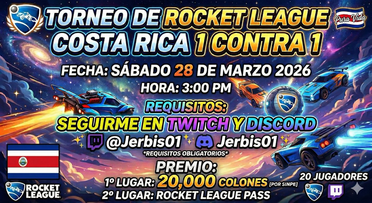jerbis01's tweet photo. Torneo de Rocket League Costa Rica!

Para registrarse al torneo, tienes que entrar a nuestro discord, quedan pocos espacios!! Apresurate!

https://t.co/VFeZcxvwcx https://t.co/1exwgNbfCO