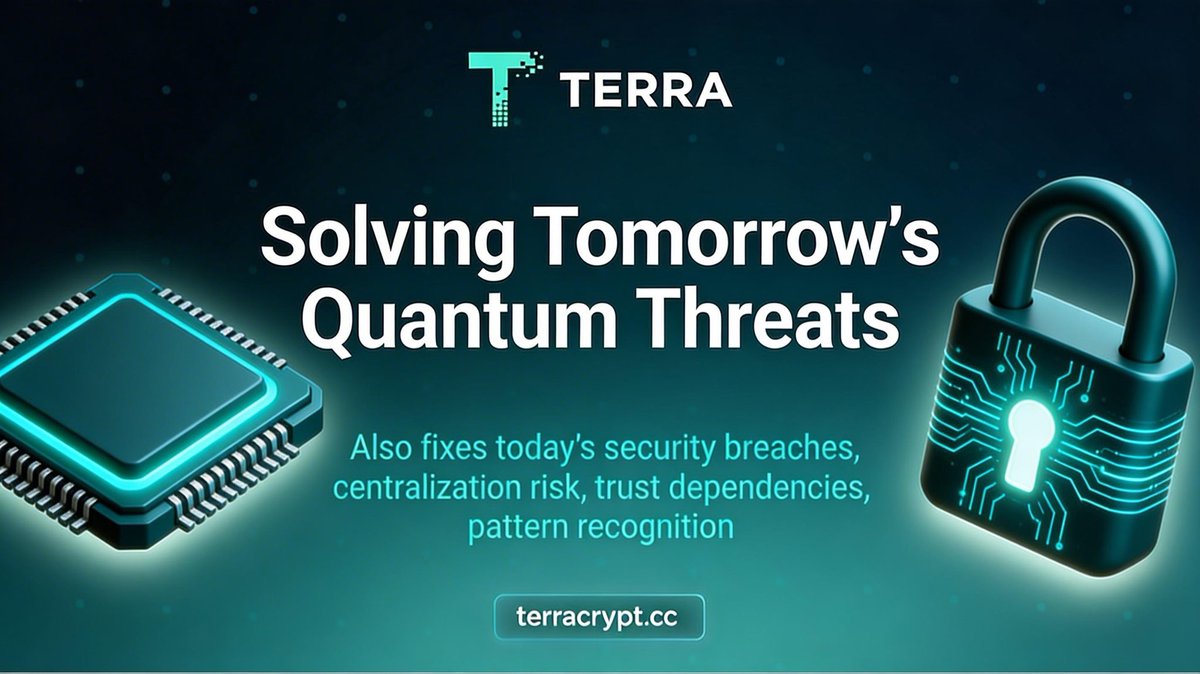 terra_crypt's tweet photo. While preparing for the quantum era, we solved three of today’s biggest hacking problems:

• Centralization risk
• Trust dependencies
• Pattern recognition

Quantum computers will break traditional encryption.

But most breaches today don’t even require that.
They happen because infrastructure gets compromised.

Terracrypt solves both.
