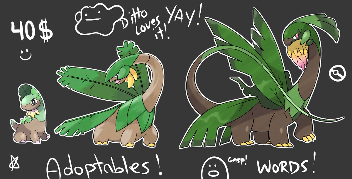 New adoptables available! The Roselia treatment ones!

Tropius pre-evo + evolution!

40$ so grab them now! 

(Repost to see if I'm being shadow banned)

#pokemon #fakemon