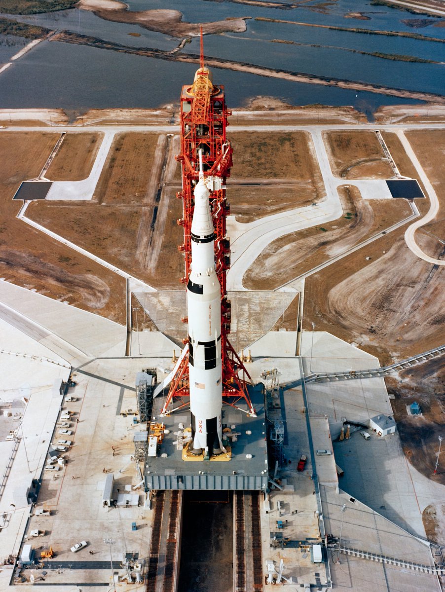 "The 363-foot-high Saturn V rocket for the #Apollo10 mission towers over the crawlerway during its rollout from the Vehicle Assembly Building to Launch Pad 39B, four miles away. Apollo 10 marked the first use of Pad B."
March 11, 1969

contactlight.de