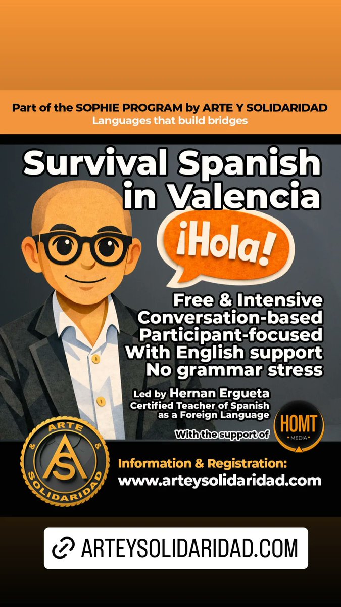 HernanErgueta's tweet photo. Arte y Solidaridad is launching a new free course: Survival Spanish in Valencia. A practical and conversation-based program for beginners, designed to help newcomers gain confidence communicating in Spanish.
- Part of the SOPHIE Program – Languages that build bridges. https://t.co/wShTtQAoGo
