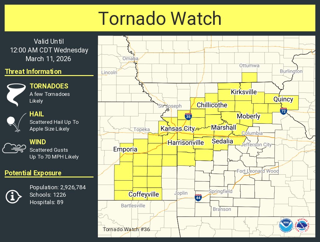 NWSStLouis's tweet photo. A tornado watch has been issued for parts of Illinois, Iowa, Kansas and Missouri until 12 AM CDT https://t.co/Ojf8mRM4aq