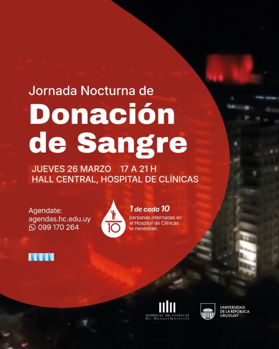 maxberro1's tweet photo. 🩸 Jornada Nocturna de Donación de Sangre

📅 Jueves 26 de marzo
⏰ De 17 a 21 hs
📍 Hall Central, Hospital de Clínicas

📲 📔 Agendate por: https://t.co/USxHMA59Do o por WhatsApp al 099 170 264 https://t.co/x5pjxZP9Fr