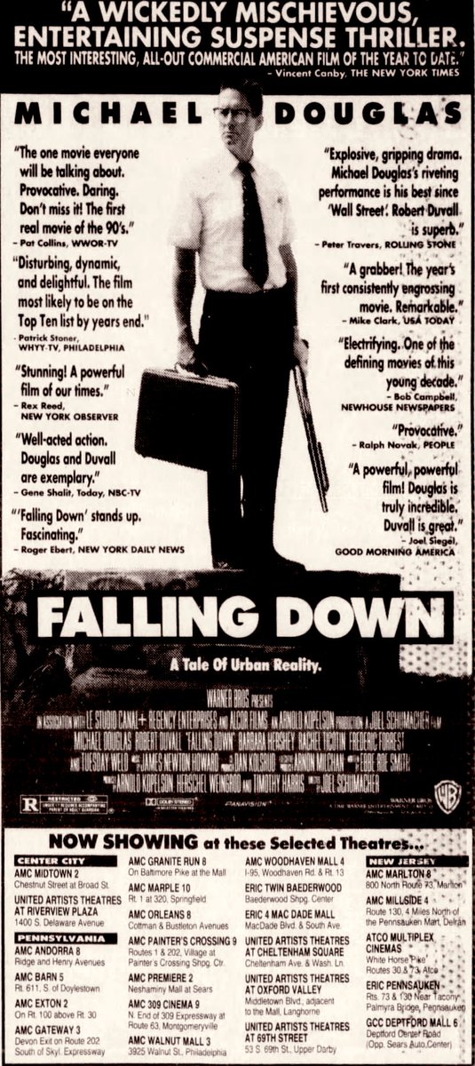 ClassicHBOGuide's tweet image. March 1994 @HBO - Michael Douglas stars in the urban satire/thriller: FALLING DOWN - guide ad, newspaper ads #1990s #cinema #losangeles