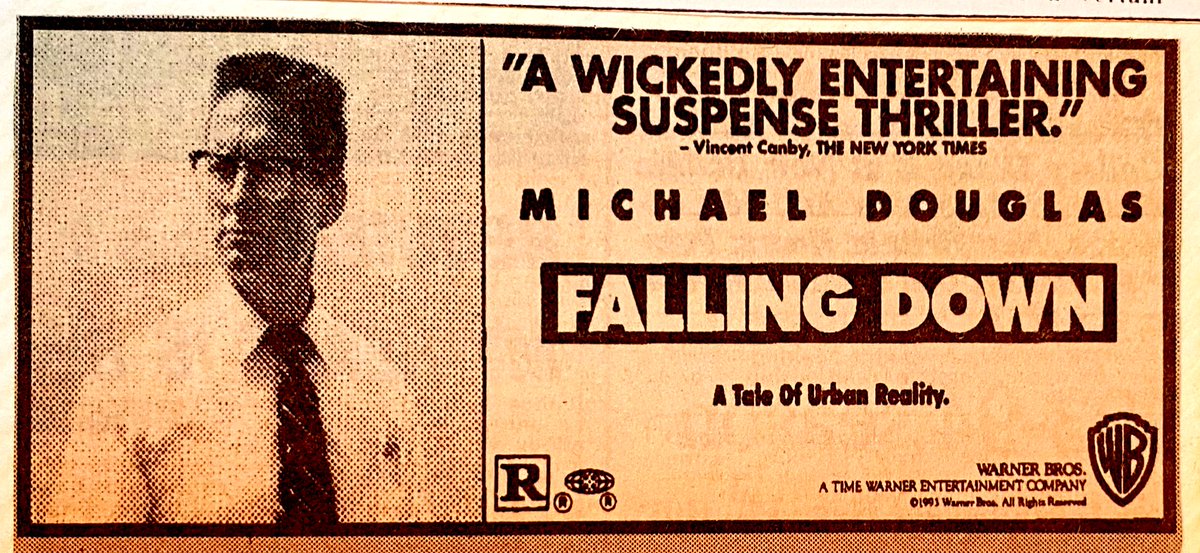 ClassicHBOGuide's tweet image. March 1994 @HBO - Michael Douglas stars in the urban satire/thriller: FALLING DOWN - guide ad, newspaper ads #1990s #cinema #losangeles