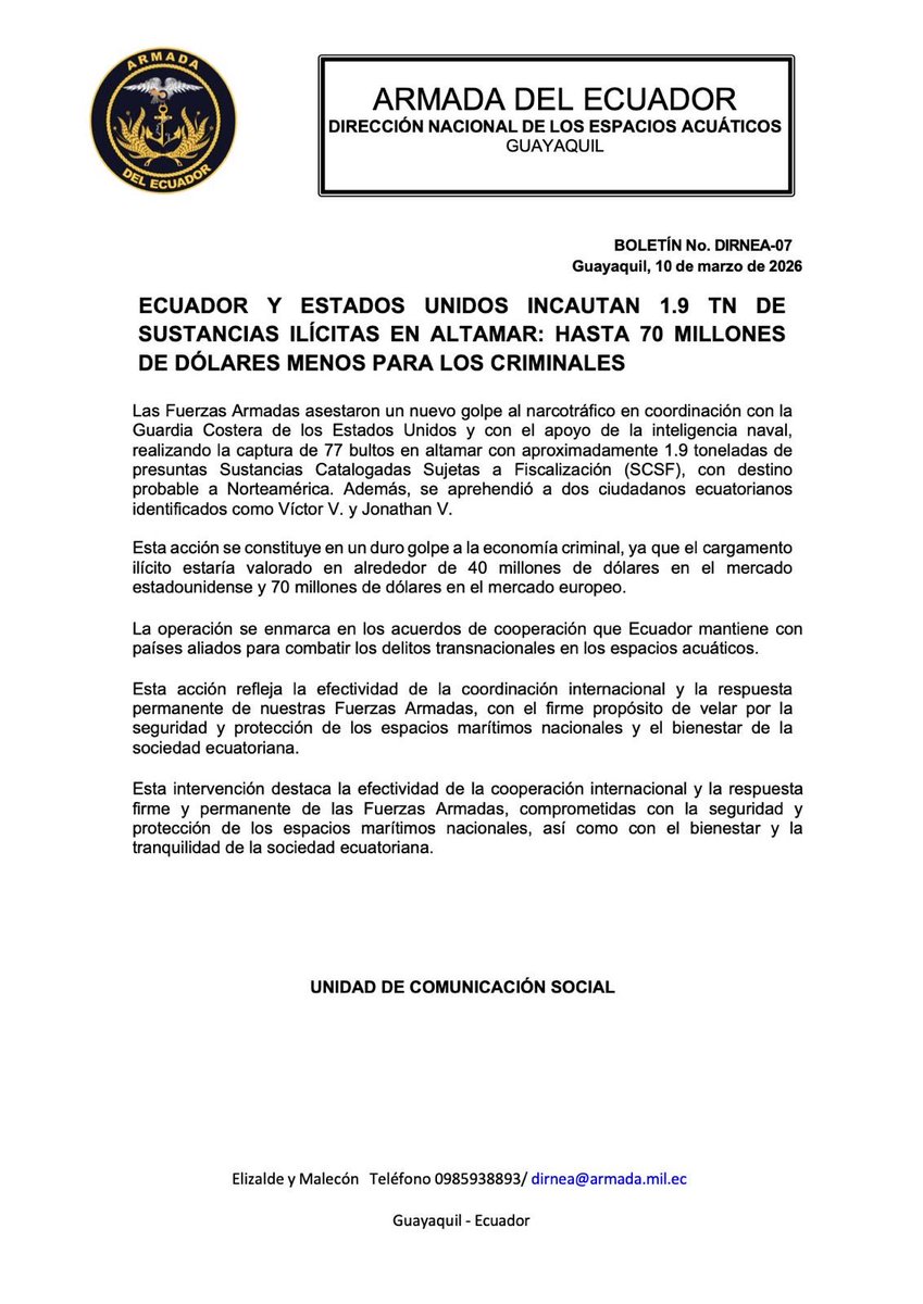 ECUADOR Y ESTADOS UNIDOS INCAUTAN 1.9 TN DE  SUSTANCIAS ILÍCITAS EN ALTAMAR: HASTA 70 MILLONES DE DÓLARES MENOS PARA LOS CRIMINALES 

<a href="/USembassyEC/">US Embassy Ecuador</a> 
<a href="/FFAAECUADOR/">Fuerzas Armadas del Ecuador</a> 
<a href="/DefensaEc/">Ministerio de Defensa Nacional del Ecuador</a>