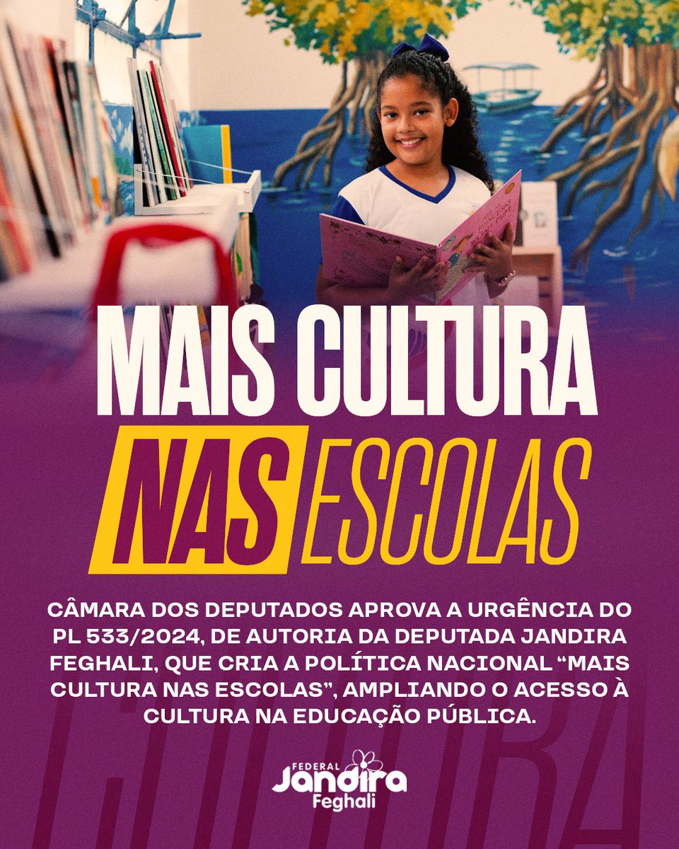 A Câmara dos Deputados aprovou a urgência do Projeto 533/2024, de minha autoria, cria a Política Nacional “Mais Cultura nas Escolas”. A iniciativa fortalece a ligação entre educação e cultura, ampliando o acesso de estudantes da rede pública a manifestações artísticas, à