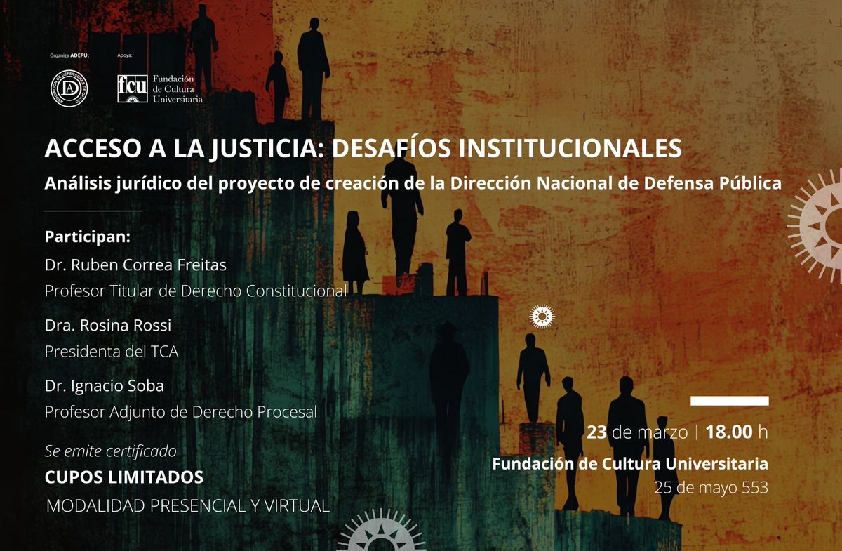 ADEPU_URU's tweet photo. 📢 Coloquio | Acceso a la justicia: desafíos institucionales

Desde ADEPU promovemos un espacio de intercambio para analizar el proyecto de ley que crea la Dirección Nacional de la Defensa Pública como servicio descentralizado. https://t.co/WR4N4KiARq