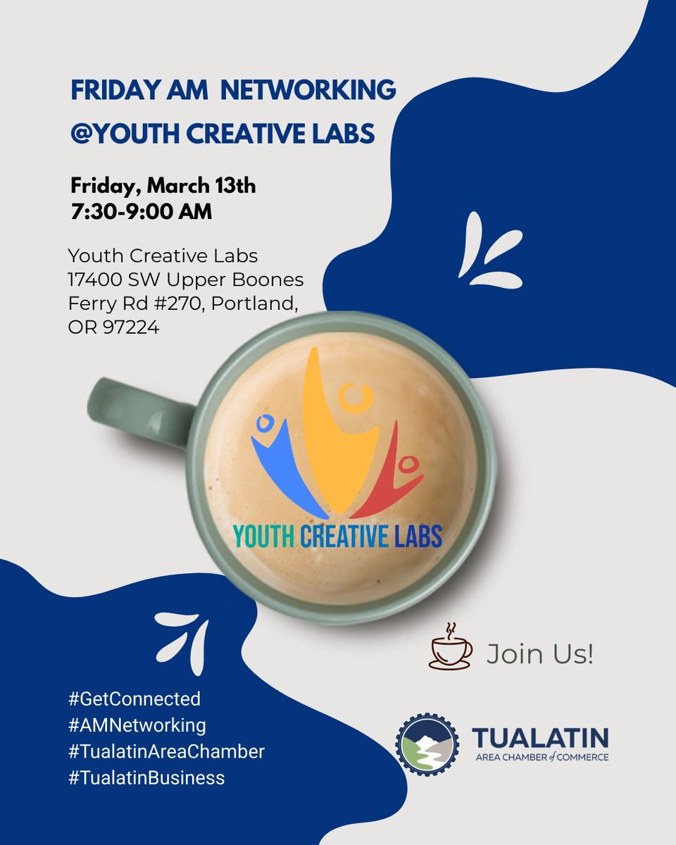 🌅 AM Networking this Friday!

Join us at Youth Creative Labs for a great morning of connections and community.

📍 17400 SW Upper Boones Ferry Rd #270, Portland, OR
⏰ 7:30–9:00 AM

Start your day with the Tualatin Chamber and local businesses that love to support each other.