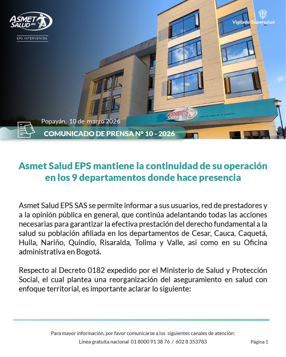 AsmetSalud's tweet photo. 📢 #Comunicado10 | Continuamos operando en los 9 departamentos donde hacemos presencia.

Invitamos a nuestros usuarios a informarse por canales oficiales y a no atender información engañosa. Seguimos comprometidos con una atención digna, oportuna y de calidad. https://t.co/SkMY8WvUtF