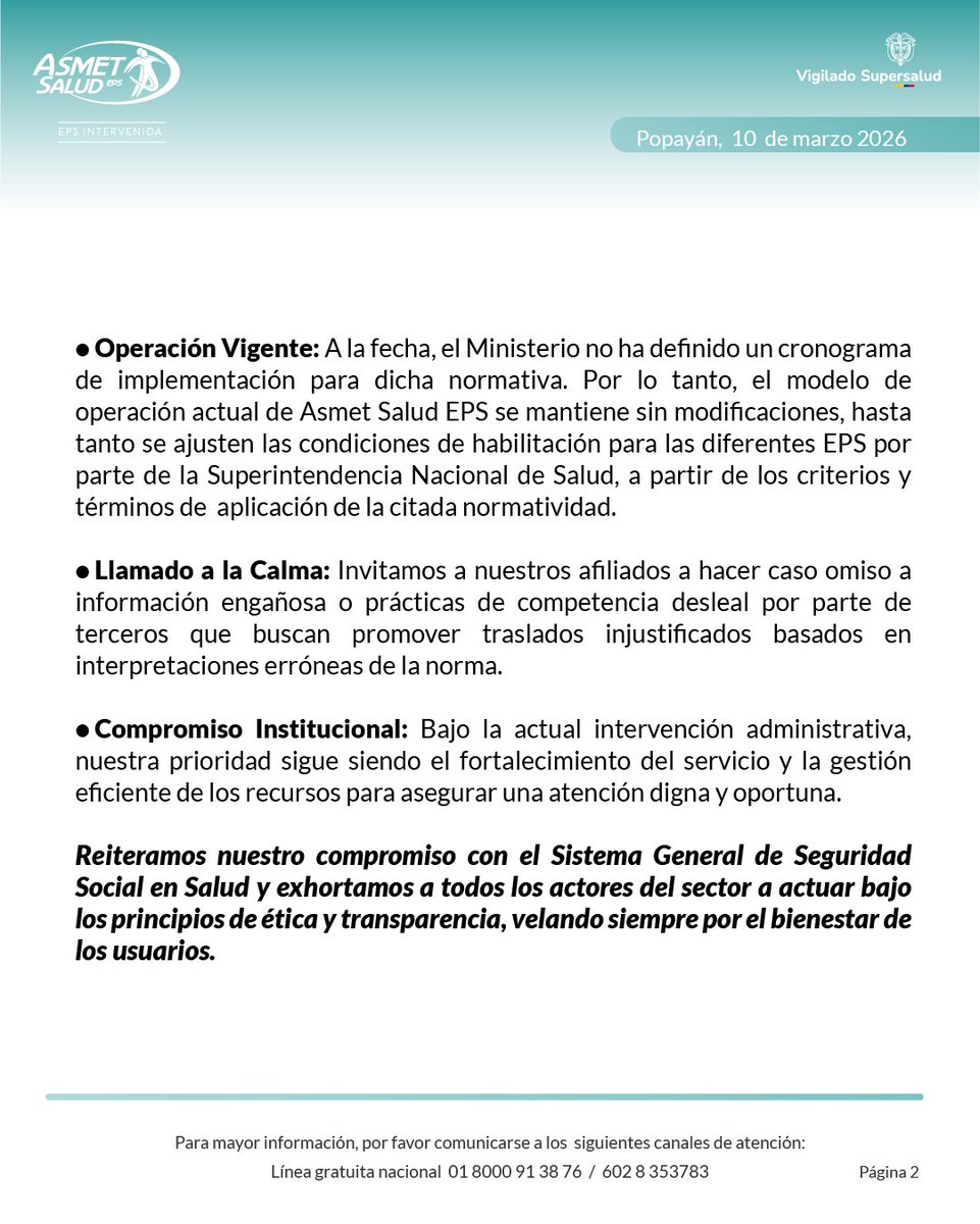 AsmetSalud's tweet photo. 📢 #Comunicado10 | Continuamos operando en los 9 departamentos donde hacemos presencia.

Invitamos a nuestros usuarios a informarse por canales oficiales y a no atender información engañosa. Seguimos comprometidos con una atención digna, oportuna y de calidad. https://t.co/SkMY8WvUtF