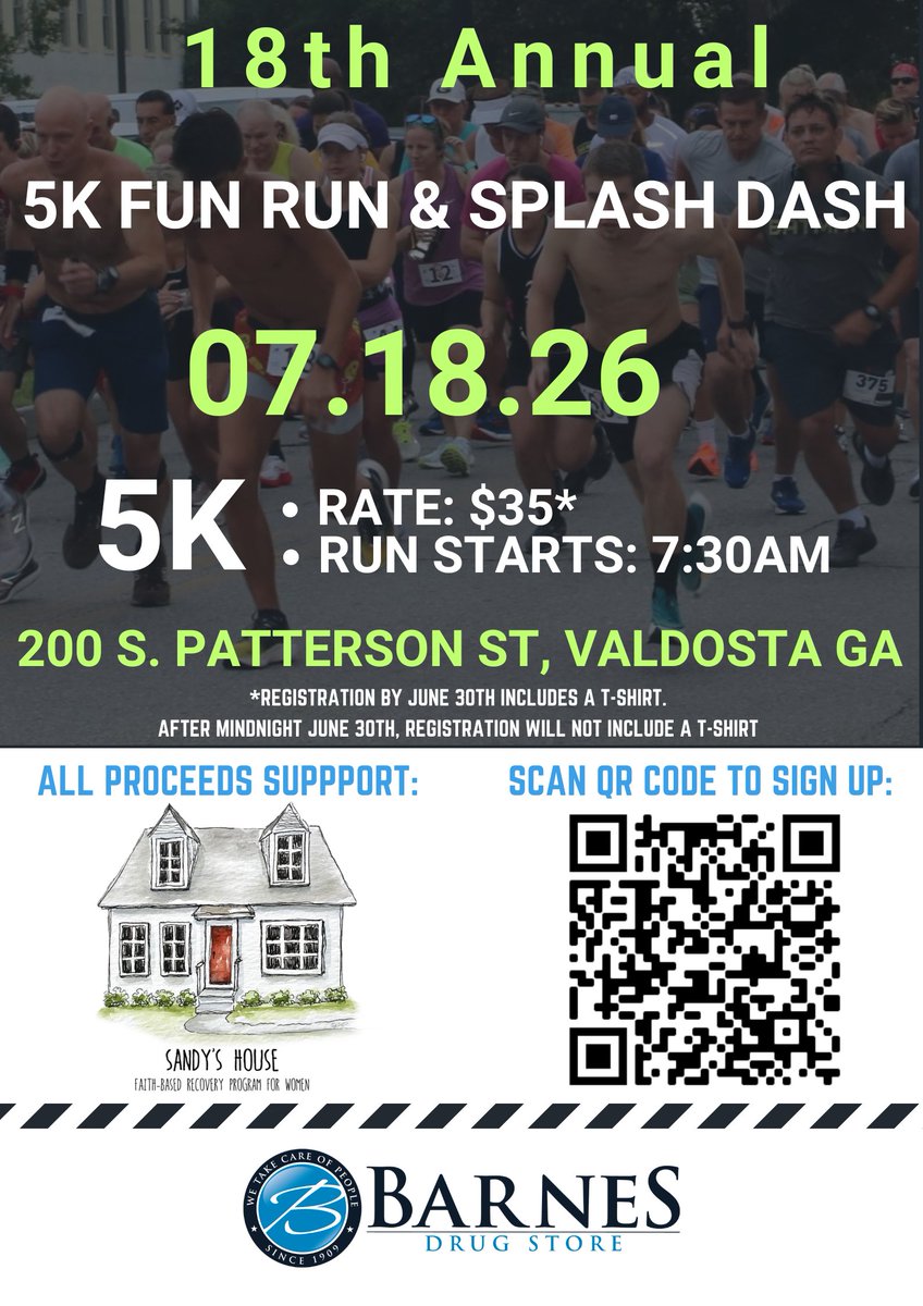 barneshc's tweet photo. The 18th Annual Barnes Drug Store 5K Fun Run &amp; Splash Dash will take place on July 18, 2026 at 200 South Patterson St. Valdosta, GA 31601.
All proceeds and donations will be matched dollar-for-dollar up to $100,000, and all funds raised and matched will benefit Sandy's House,... https://t.co/KGULn0emhJ