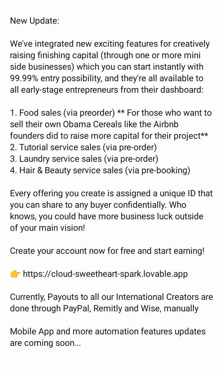 therealccerie's tweet photo. New Update:
🍱🍜 We've integrated new exciting features for creatively raising finishing capital (through one or more mini side businesses) which you can start instantly with 99.99% entry possibility, and they're all available to all early-stage entrepreneurs from their dashboard https://t.co/CAr7gqO4CA