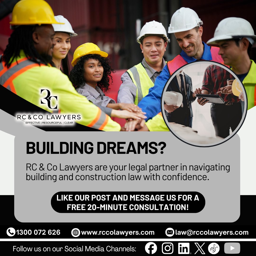 rcco_law's tweet photo. Building dreams?

RC &amp; Co Lawyers are your legal partner in navigating building and construction law with confidence.

Speak with RC &amp; Co Lawyers today for expert guidance.

#RCandCoLawyers #ConstructionLawyer #BuildingProjects #LegalAdvice #PropertyLaw https://t.co/YSoddL0Ypz