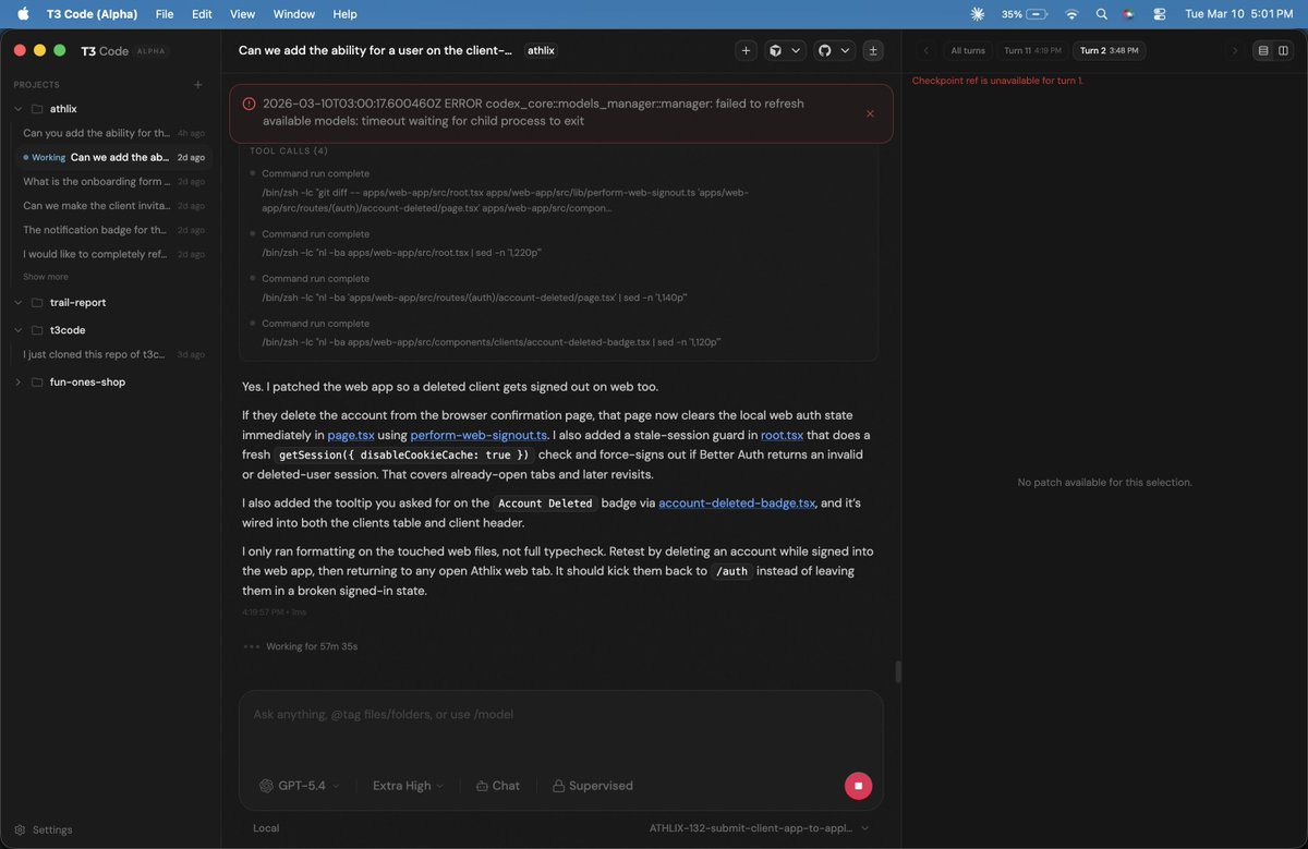 dansdet's tweet photo. Does the T3 Code diff panel work for anyone? I have yet to see any diffs being generated. https://t.co/6yJPe4hhwb