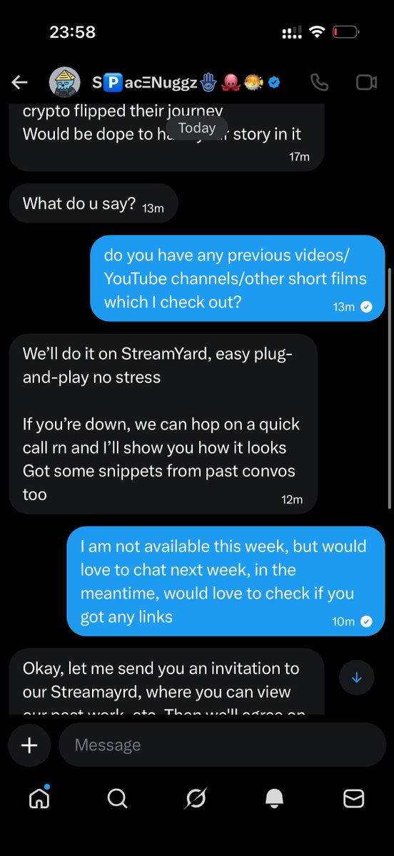 yash_goyal_dev's tweet photo. New scam pattern to watch for in crypto: fake interview / documentary invites + custom “StreamYard” (or any software) links.
An account like @joe_solinger tried this flow with me.

Be careful:
- ask for public references
- verify domain carefully
- never click rushed invite links
- never download meeting/video/any softwares unless you have verified everything.

How we know this is scam:
- https://t.co/tMvcu6nrSw is a fake domain for https://t.co/0YqNKmF2rN,  which is registered just last month, no online presence for this domain. (Verified using the WHOIS database)
- And video platforms do not require domains (usually).