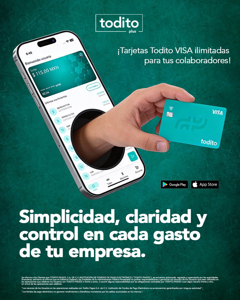 ToditoCash's tweet photo. Dale a tu empresa el control total de sus gastos. 

Con Tarjetas Todito VISA puedes asignar, administrar y supervisar los gastos de forma fácil y segura desde una sola app.

#Todito #Fintech #finanzas #ToditoPlus #ControlDeGastos https://t.co/SwDmObCsXQ