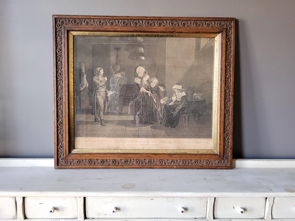 ArrowoodPlace's tweet photo. This Antique Wood Frame comes with glass and has a gold color tone around the inner part of the frame. It has a French School (18th Century) Engraving titled 'La separation de Marie-Antoinette d'Autriche, d'avec sa famille : dans la tour du Temple'. It dates back to 1795. The Engraver, Jean-Baptiste Verite (1756-1837), was under the direction of Bouillon Pierre (1776-1831).

It would look great on any wall, especially in a library, parlor, or entryway. The frame is ornate and showcases a beautiful relief floral and foliage motifs. It comes ready to hang.

SIZE:
Full Frame: 27.5"L x 23"H
Interior Opening: 21.5"L x 17.3"H

You can view this listing at https://t.co/c0z5N8MjQR
