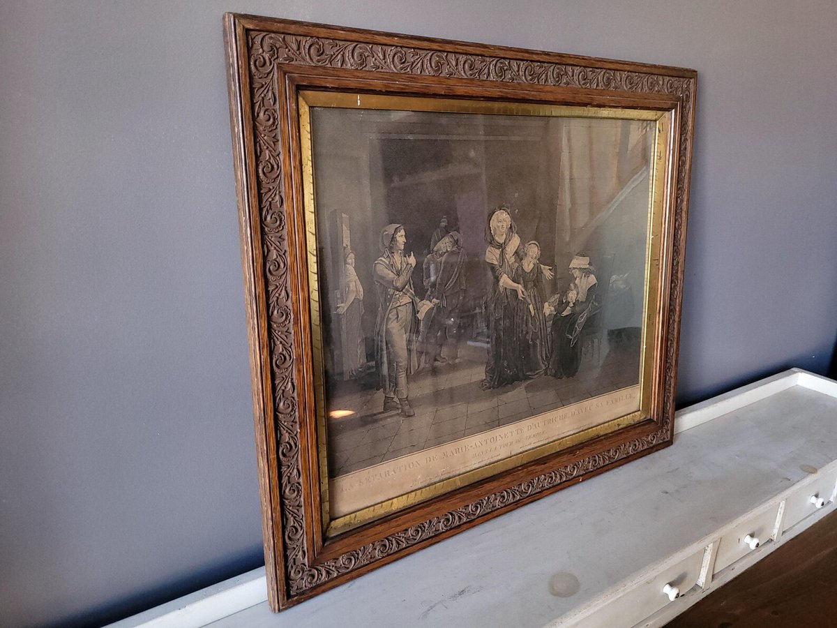 ArrowoodPlace's tweet photo. This Antique Wood Frame comes with glass and has a gold color tone around the inner part of the frame. It has a French School (18th Century) Engraving titled 'La separation de Marie-Antoinette d'Autriche, d'avec sa famille : dans la tour du Temple'. It dates back to 1795. The Engraver, Jean-Baptiste Verite (1756-1837), was under the direction of Bouillon Pierre (1776-1831).

It would look great on any wall, especially in a library, parlor, or entryway. The frame is ornate and showcases a beautiful relief floral and foliage motifs. It comes ready to hang.

SIZE:
Full Frame: 27.5"L x 23"H
Interior Opening: 21.5"L x 17.3"H

You can view this listing at https://t.co/c0z5N8MjQR