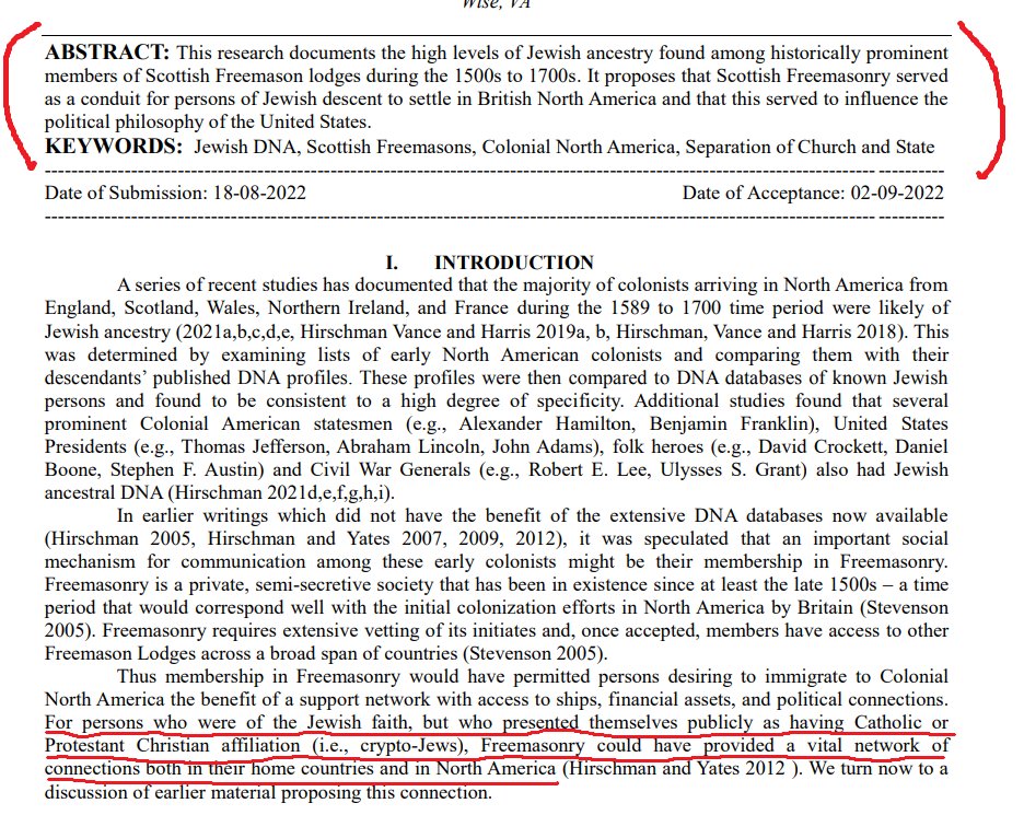 catholic_cg's tweet photo. "This research documents the high levels of Jewish ancestry found among historically prominent members of Scottish Freemason lodges during the 1500s to 1700s. Masonry could have provided a vital network for crypto-Jews"

page 1, paras 1-3 l page 3, para 1

https://t.co/nXfcfk5SyB https://t.co/5MtCTaK5aF
